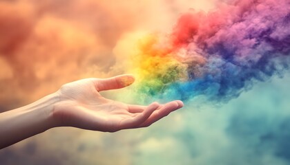 Poster - Colorful Smoke and Hand Artistic Representation of Creativity, Imagination, and Expression in a Vibrant and Dreamy Background with a Rainbow Effect
