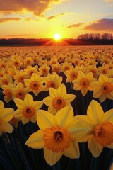 Wall Mural - vibrant daffodil field at sunset showcasing natures beauty and tranquility