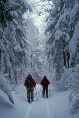 Poster - Colorful hikers trek through a snowy forest in mountainous landscape during winter