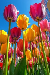Wall Mural - colorful tulip field under clear blue sky during bright daytime in spring season
