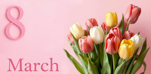 Wall Mural - Holiday background. Pink number eight and colored tulips on a pink background. Close-up.