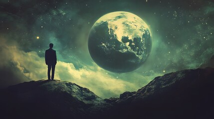 Poster - Serene Contemplation in Cosmic Landscape with a Figure Looking Up at a Large Earth Surrounded by Stars and Mystical Clouds on a Dark Night Sky