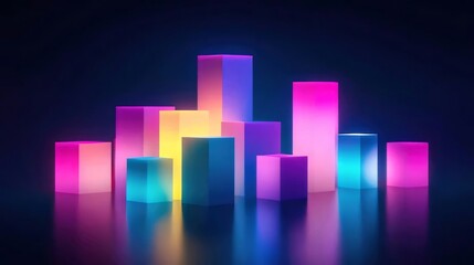 Poster - Vibrant neon cubes reflect on glossy surface.