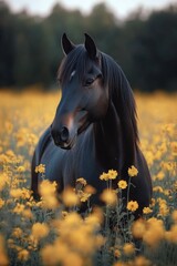 Poster - Black horse standing among yellow flowers in a vibrant field during sunset