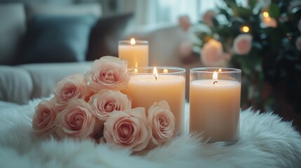 Poster - Elegant floral arrangement with candles on a rustic wooden table in a cozy indoor setting