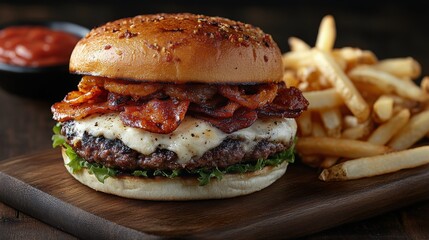 Wall Mural - Delicious burger stacked with crispy onion rings and served with fries and barbecue sauce