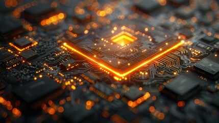 Poster - A close-up view of a glowing microprocessor on a circuit board, showcasing technology.