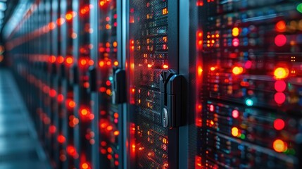 Poster - A close-up view of illuminated server racks in a data center.