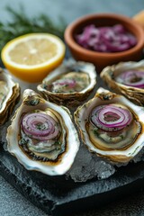 Wall Mural - Fresh oysters on a serving platter with lemon and pickled onions ready for tasting