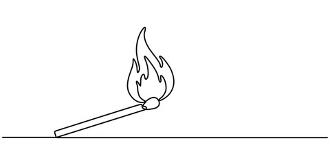Poster - Continuous one line drawing of burning match. simple burning match stick line art vector illustration. Editable stroke, one continuous line drawing of match sticks.one line drawing of burning wooden. 