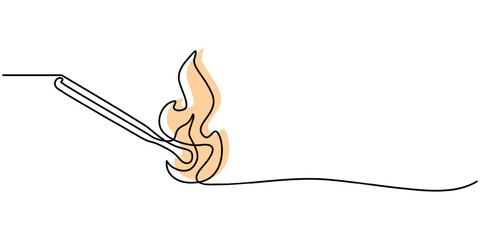 Poster - Continuous one line drawing of burning match. simple burning match stick line art vector illustration. Editable stroke, one continuous line drawing of match sticks.one line drawing of burning wooden. 
