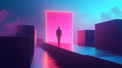 Aufkleber - A Solitary Figure Walking Towards a Neon Pink Portal Amidst Abstract Geometric Shapes in a Surreal, Dreamlike Environment with Vibrant Hues and Reflections