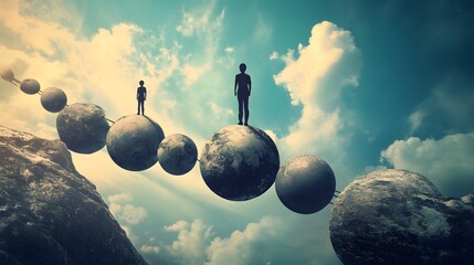 Aufkleber - Surreal Journey Through Cosmic Spheres: Two Silhouetted Figures Balancing on Floating Planets Against a Dreamy Blue Sky with Dramatic Clouds