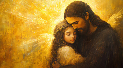 Wall Mural - Ethereal religious painting radiant jesus embracing young girl soft golden light angelic figures in background brushstrokes mimicking renaissance style. Embrace. Illustration