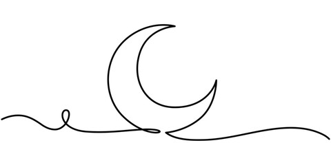 Continuous editable line drawing of moon icon. One line drawn moon. Vector illustration. Moon icon in one line, Moon symbol one continuous single line art drawing of Ramadan Kareem and Eid banner in. 