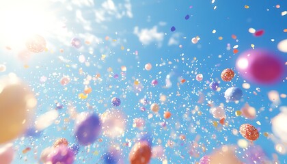 brightly colored confetti raining down on a clear sky blue background, with pieces sparkling in sunl