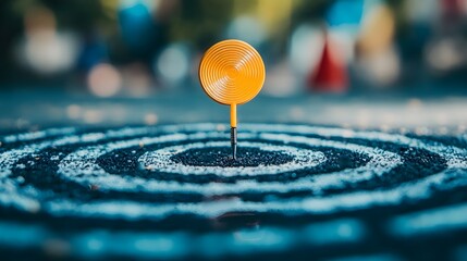 Poster - Bright Yellow Spiral Marker on Smooth Asphalt Surface with Circular White Patterns and Blurred Background Creating an Artistic Urban Scene in Daylight