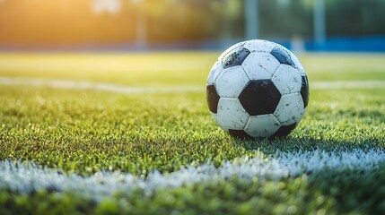 Poster - Close-Up View of a Traditional Black and White Patterned Soccer Ball on Lush Green Field During Beautiful Sunset with Soft Light Reflecting on Grass