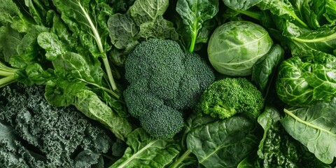 Poster - Vibrant collection of leafy greens showcasing broccoli, kale, and spinach in a fresh and healthy layout