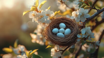 Wall Mural - Nest of eggs surrounded by blooming flowers in a tranquil spring garden