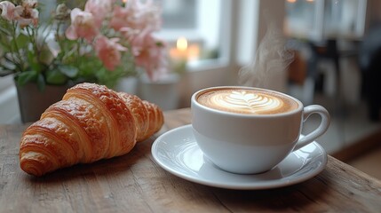 Enjoying a warm croissant with a latte in a cozy cafe setting during the morning