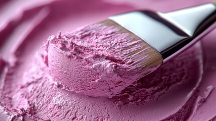 A close up of a paint brush on a pink background