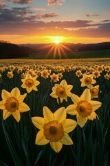 Wall Mural - vibrant daffodil field at sunset showcasing natures beauty and tranquility