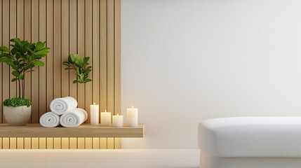 Minimalist spa interior with candles, plants, and towels for relaxation and tranquility.