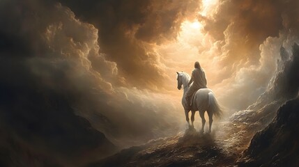 Poster - A Solitary Rider on a White Horse Amidst Dramatic Clouds and Light, Evoking Themes of Adventure, Freedom, and Mystical Journeys in a Surreal Landscape