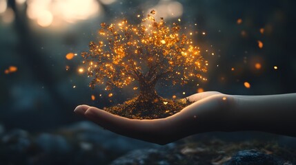Poster - Hand Holding a Glowing Tree with Sparkling Leaves, Symbolizing Growth, Life, and Nature's Magic in a Dreamlike Forest Setting