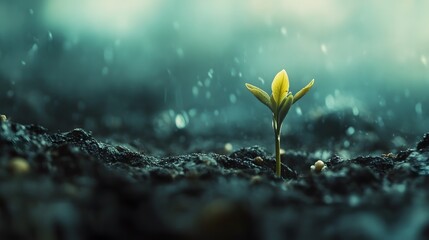 Poster - Fresh Green Seedling Emerging From Dark Soil in Rainy Weather, Symbolizing Growth and Renewal in Nature with Soft Focus Background