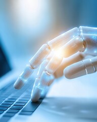 Poster - Innovative Hand of a Robot Interacts With Laptop Showcasing AI Advancements in Technology