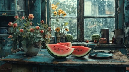 Wall Mural - Fresh watermelon sliced in vintage kitchen with rustic decor and natural light