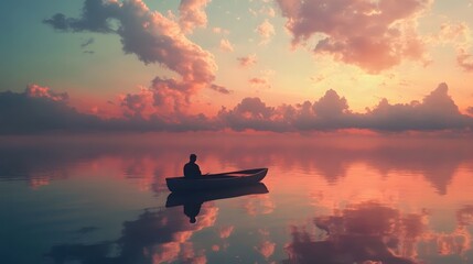 Aufkleber - Serene Sunset Reflection Over Calm Waters with a Lone Fisherman in a Boat Surrounded by Majestic Clouds and Tranquil Scenes of Nature's Beauty