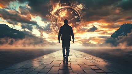 Aufkleber - Surreal Journey into Time: A Person Walking towards a Ghostly Clock Set against a Dramatic Sky with Mountains and Mystical Atmosphere at Dusk