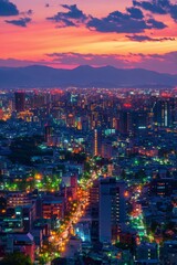 Sticker - Vibrant city skyline illuminated under colorful sunset with mountains in the background