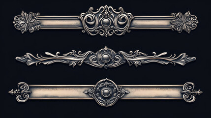Poster - Square fantasy game user avatar border set for rpg game. Silver medieval ui button frame in vector for winner icon design on dark background. Ancient ornament rank gui asset for name title template.