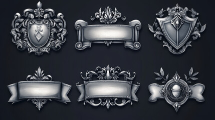 Poster - Square fantasy game user avatar border set for rpg game. Silver medieval ui button frame in vector for winner icon design on dark background. Ancient ornament rank gui asset for name title template.