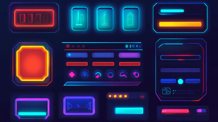 Poster - Set of game frames, bars and menu buttons cartoon interface elements. Empty borders with banners, ui or gui design blue, red and green scales, play, pause keys, user panel settings isolated vector kit