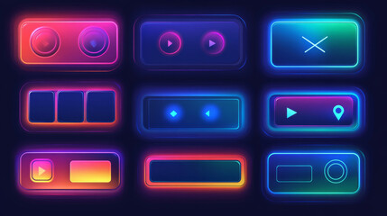 Poster - Set of game frames, bars and menu buttons cartoon interface elements. Empty borders with banners, ui or gui design blue, red and green scales, play, pause keys, user panel settings isolated vector kit