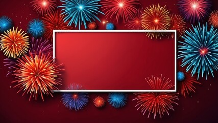 Wall Mural - red background with border frame of colorful fireworks