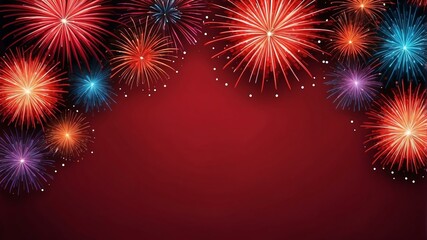 Wall Mural - red background with border frame of colorful fireworks
