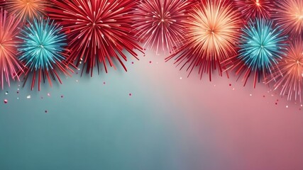 Wall Mural - pastel red background with border frame of colorful fireworks