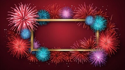 Wall Mural - pastel red background with border frame of colorful fireworks