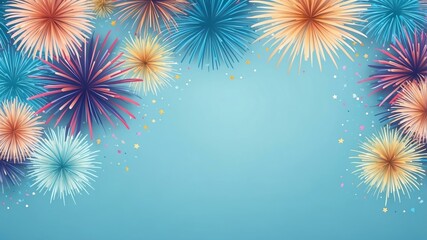Wall Mural - pastel blue background with border frame of colorful fireworks