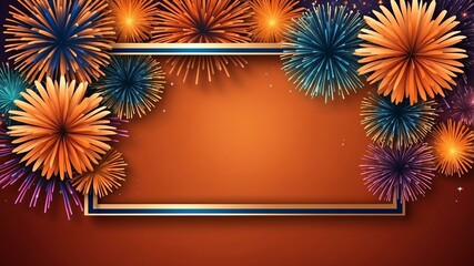 Wall Mural - orange background with border frame of colorful fireworks