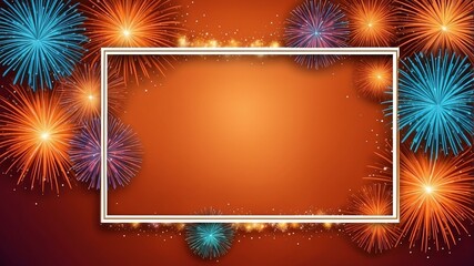 Wall Mural - orange background with border frame of colorful fireworks