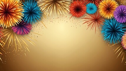 Wall Mural - gold background with border frame of colorful fireworks