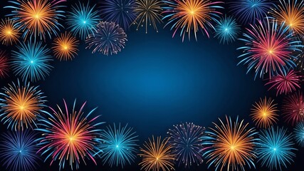 Wall Mural - blue background with border frame of colorful fireworks