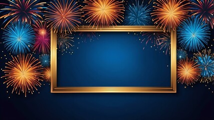 Wall Mural - blue background with border frame of colorful fireworks